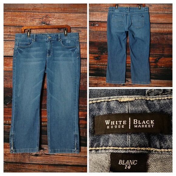 White House Black Market Capri Jeans 14 Blanc Zipped Cuffs Blue Denim Stretch - Picture 1 of 9